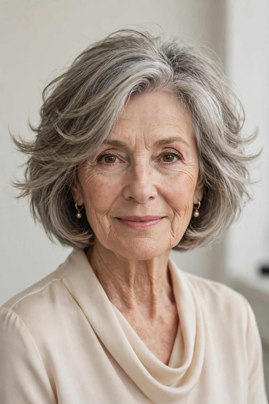 Elegant woman over 60 with feathered bob, soft airy flicked layers, delicate light.