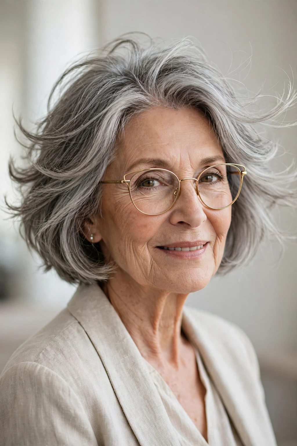 Elegant woman over 70 with glasses and feathered bob, delicate airy movement, gentle light.