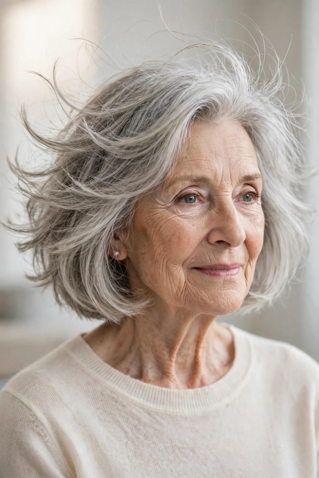 Elegant woman over 80 with feathered bob, delicate airy movement, gentle light.
