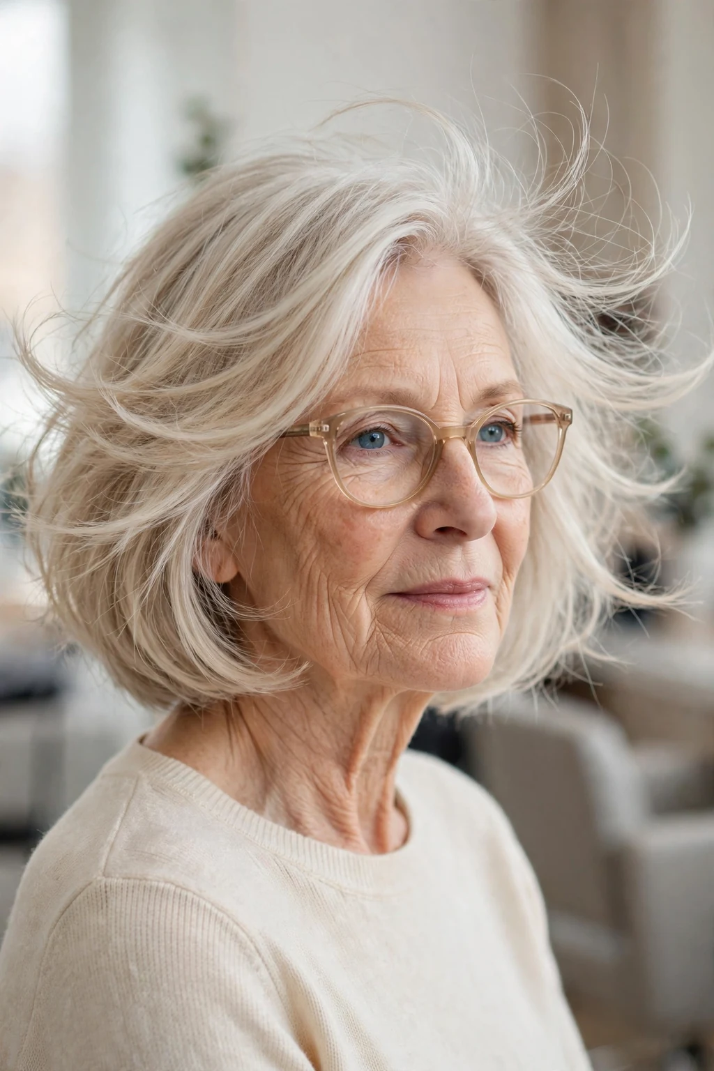 Elegant woman over 50 with fine hair and glasses and feathered bob, delicate airy movement, gentle light.