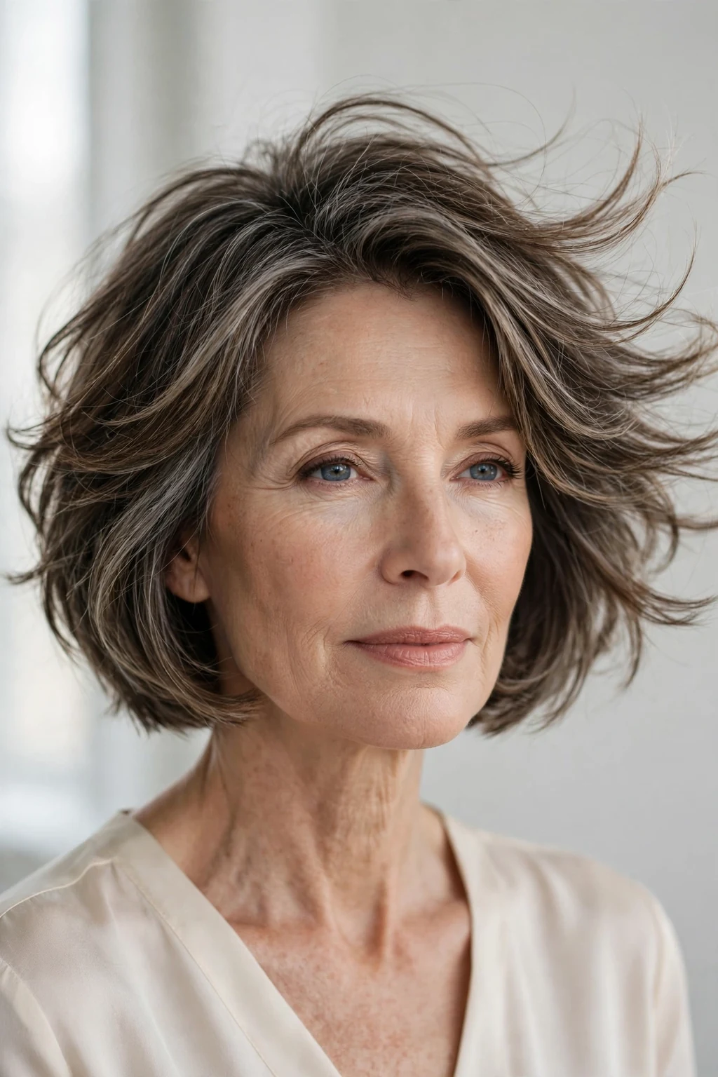 Elegant woman over 50 with feathered bob, delicate airy movement, gentle light.
