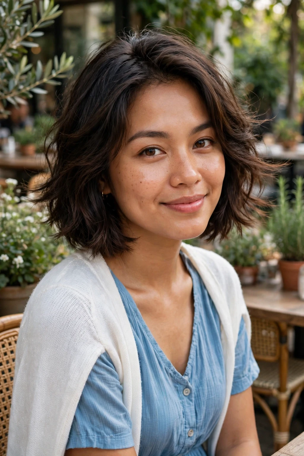 Young Filipino woman with a feathered bob in a garden cafe wearing a blue dress.