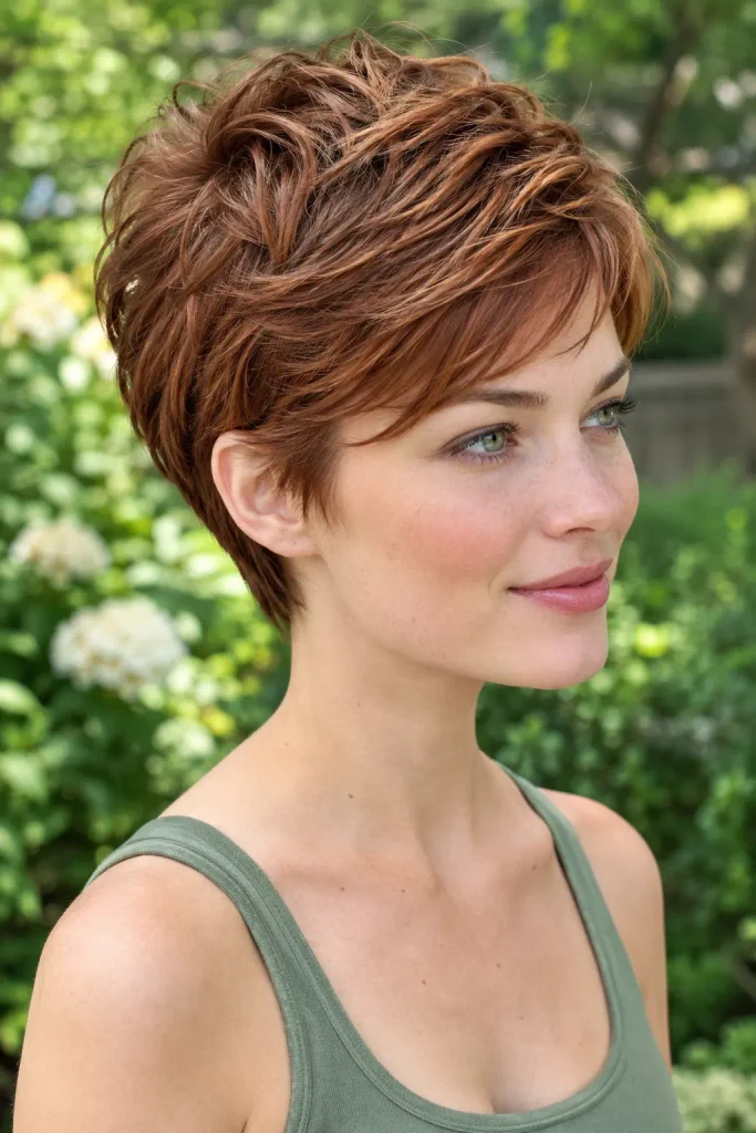  Feminine Pixie Haircuts featuring airy feathered crown layers and tapered sides
