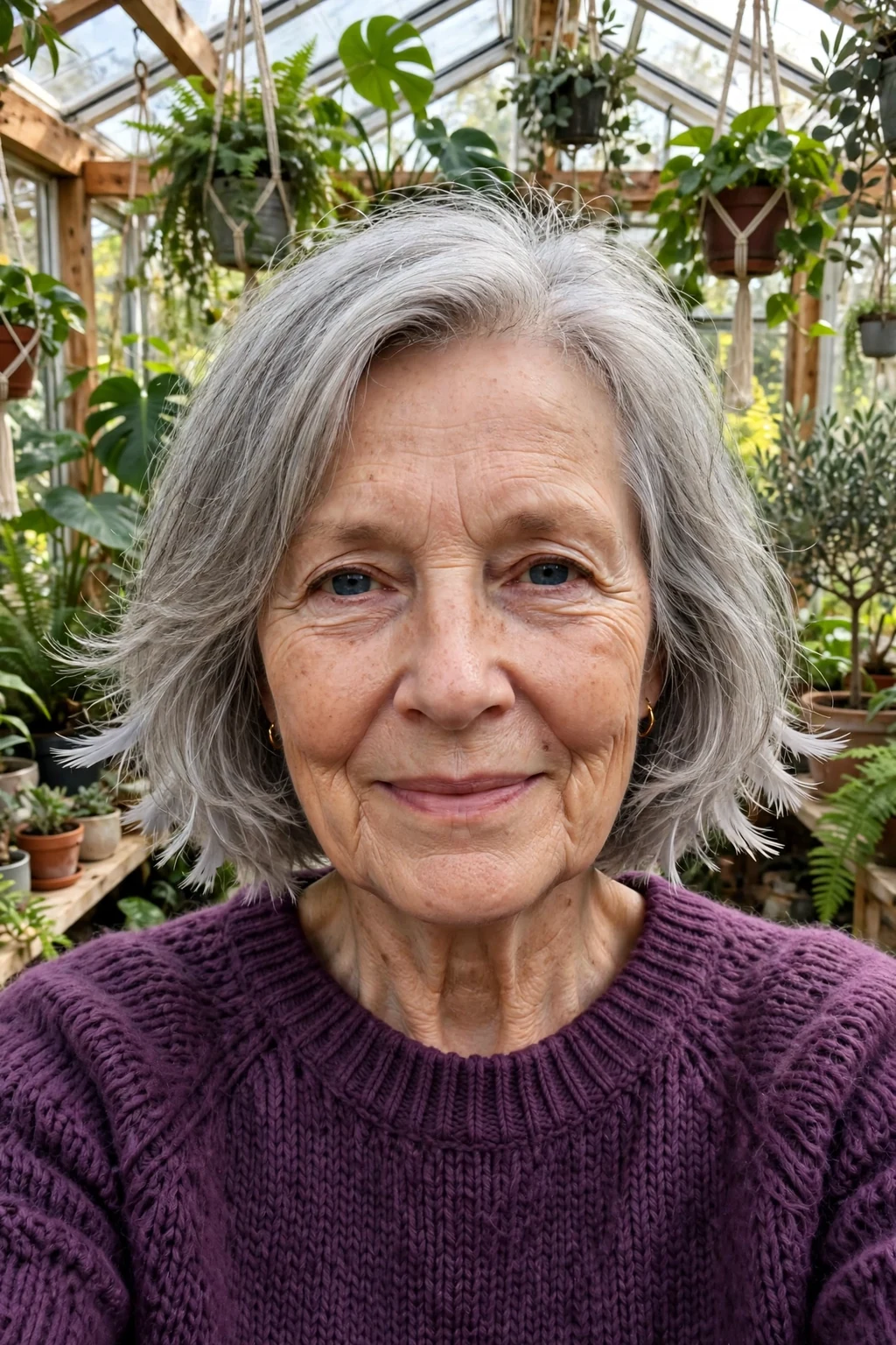 A mature Scandinavian woman in her seventies with a feathered gray bob, wearing a plum sweater in a conservatory.