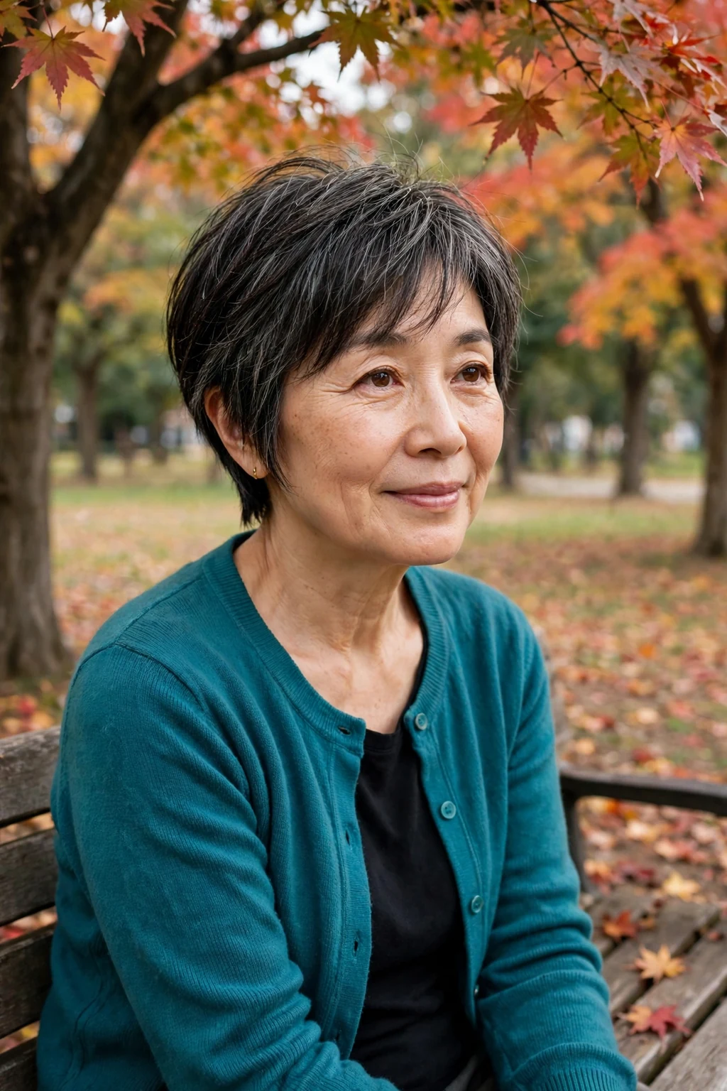 Mature woman over 50 with a feathered layered crop haircut for fine thin hair, styled and full of volume.