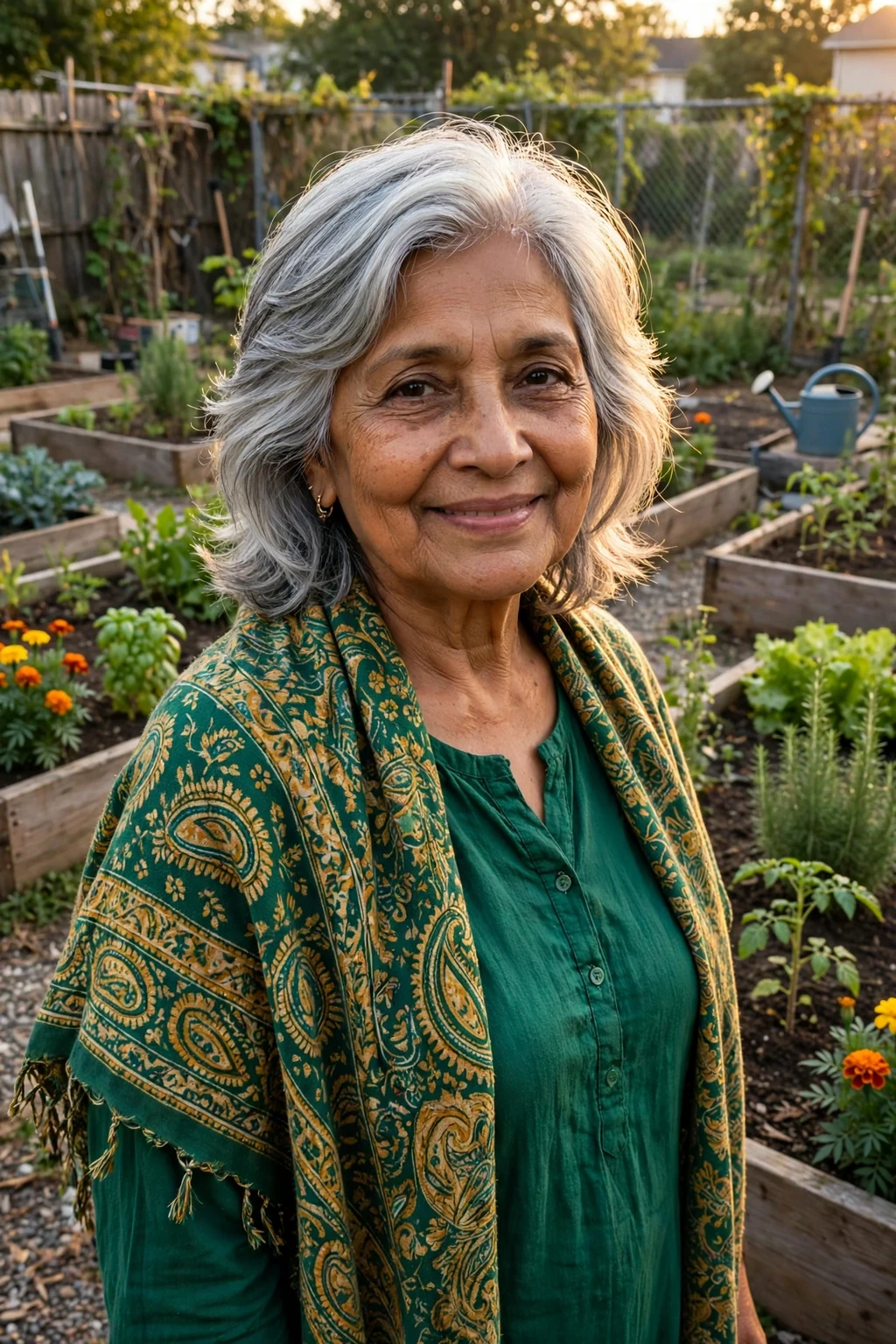 Mature South Asian woman around seventy with a feathered layered haircut, wearing an emerald top in a community garden.