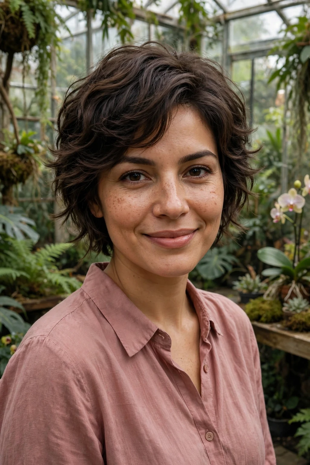 A young woman with a feathered layered pixie, soft wispy layers feathering around the face.