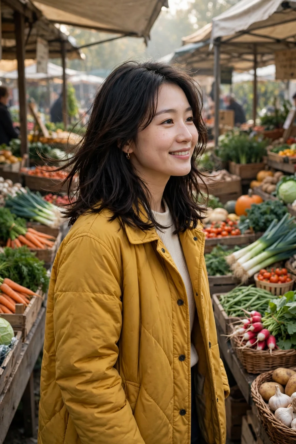Young woman with feathered medium layers, walking through a farmers market wearing a mustard yellow coat.