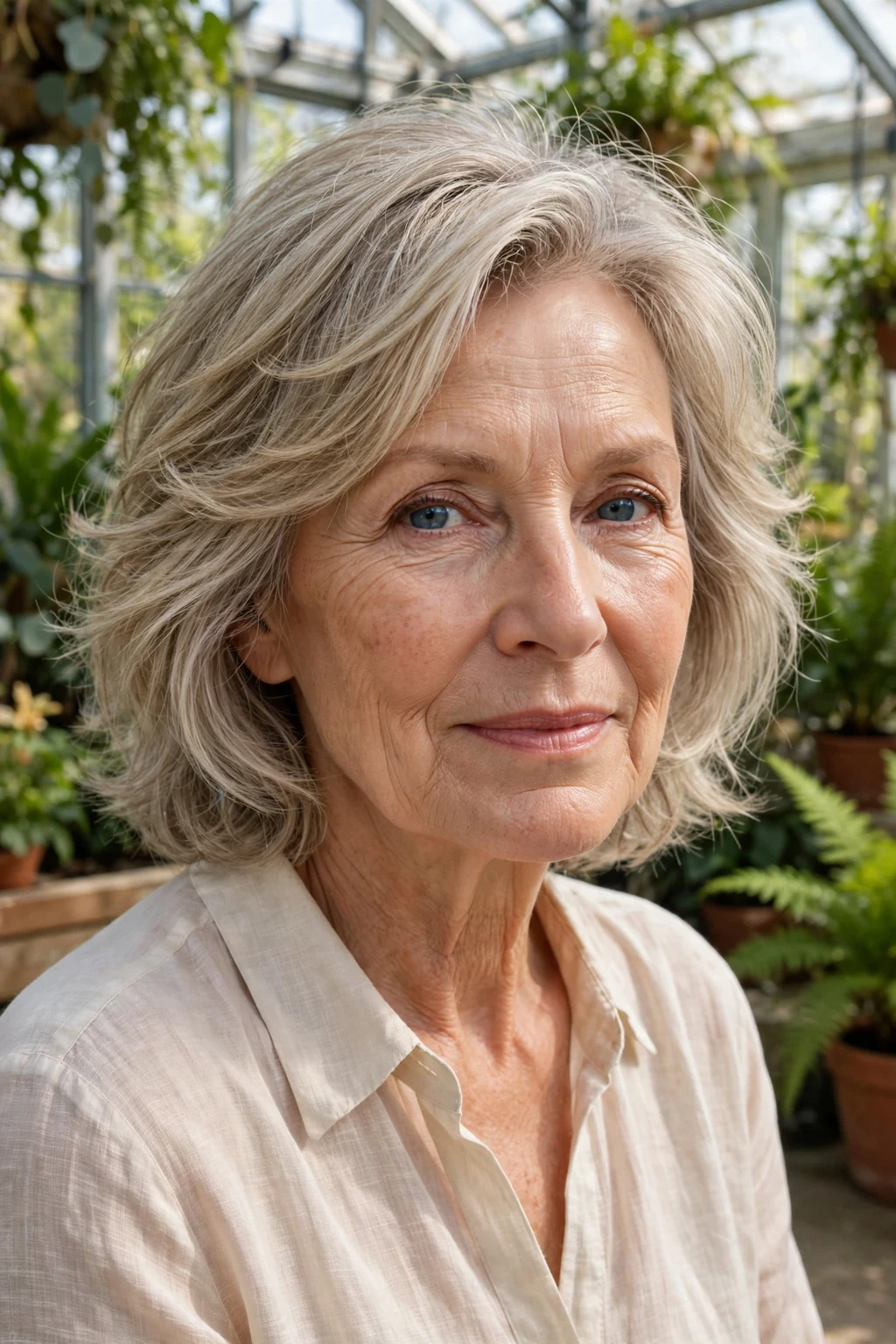 Beautiful older woman with feathered layers, light feathered layers, airy light.