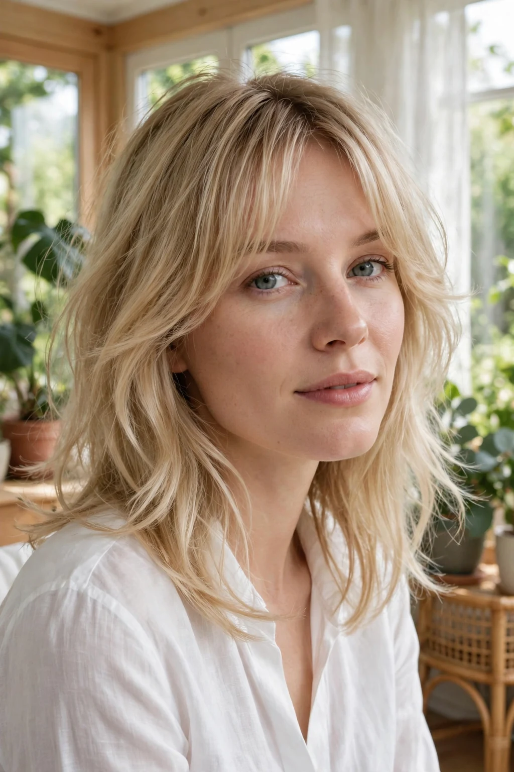 Beautiful woman with curtain bangs and feathered layers, soft feathered layers with bangs, airy light.