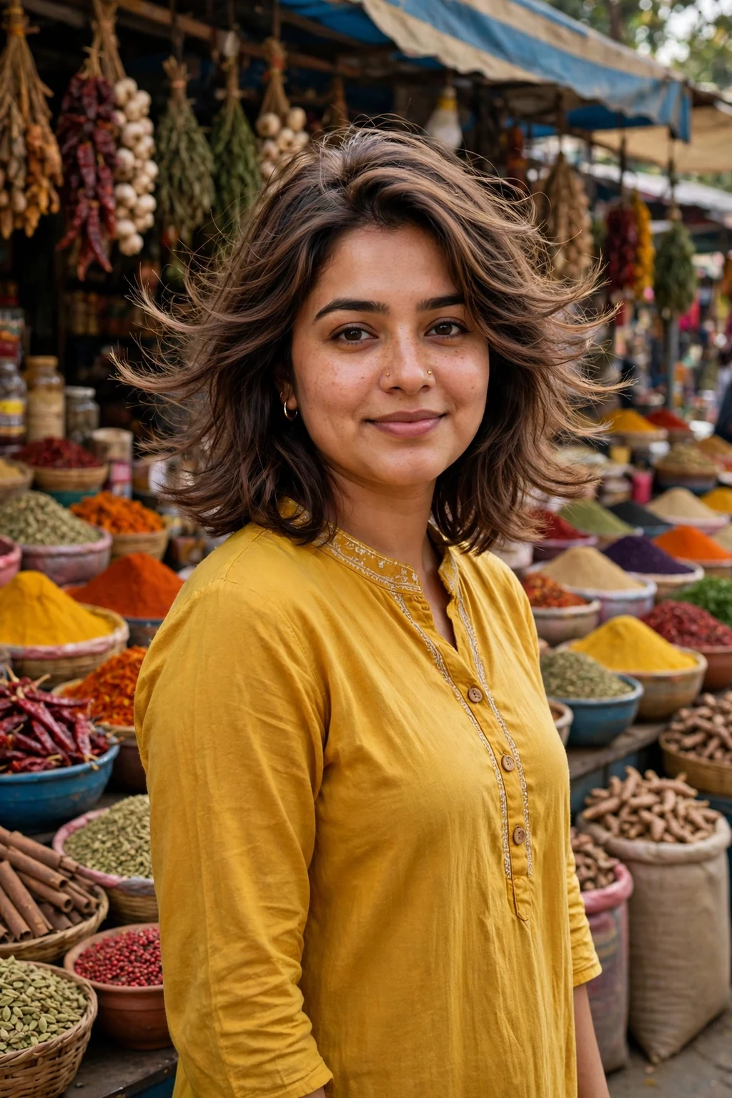 Young woman with a round face wearing a feathered medium-length cut.