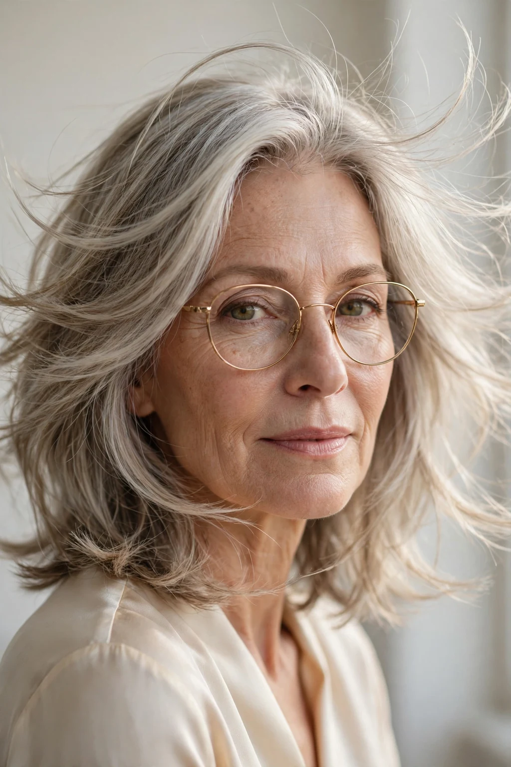 Elegant woman over 50 with glasses and feathered medium cut, delicate airy movement, gentle light.