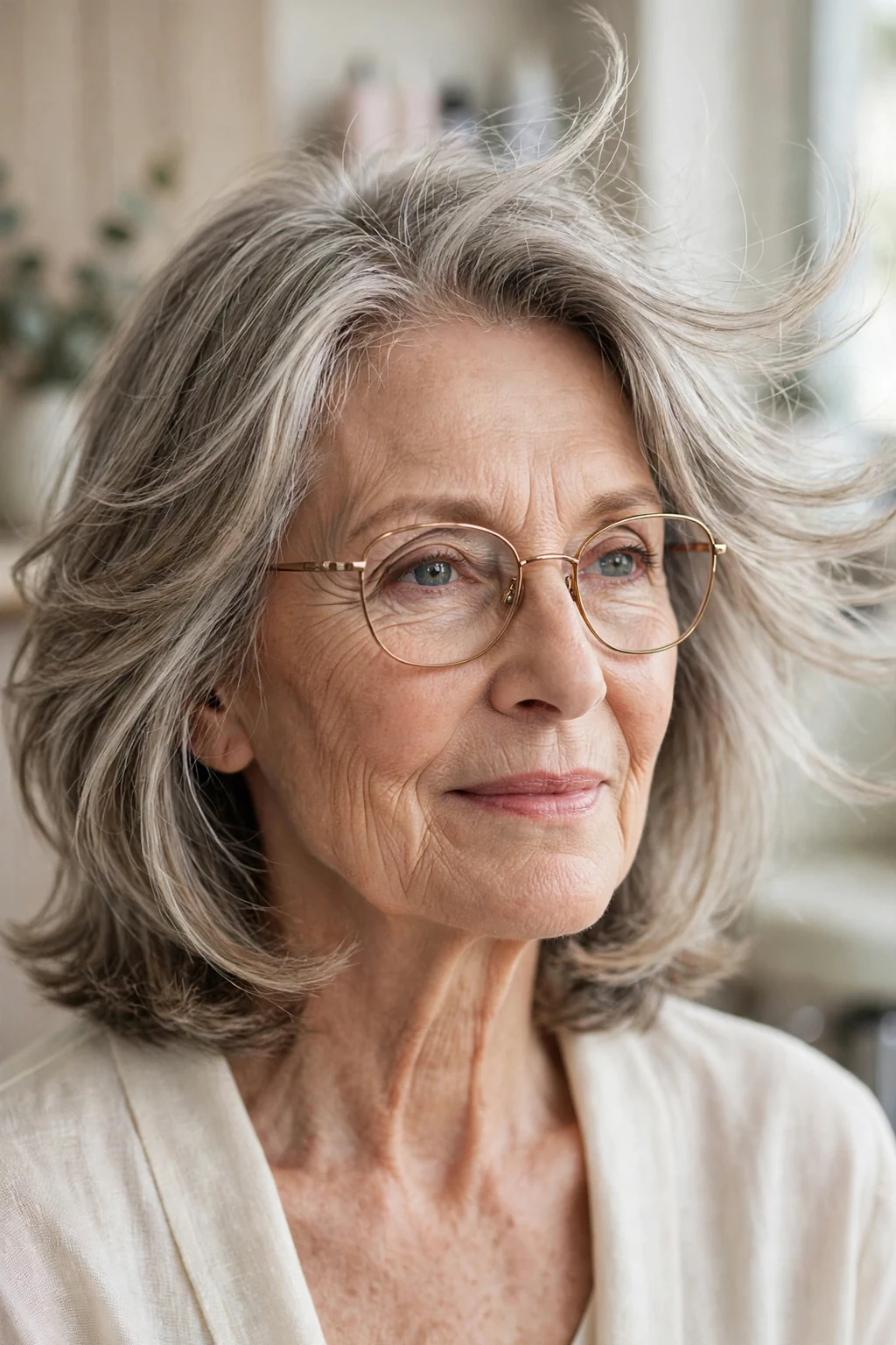 Elegant woman over 60 with glasses and feathered medium cut, delicate airy movement, gentle light.