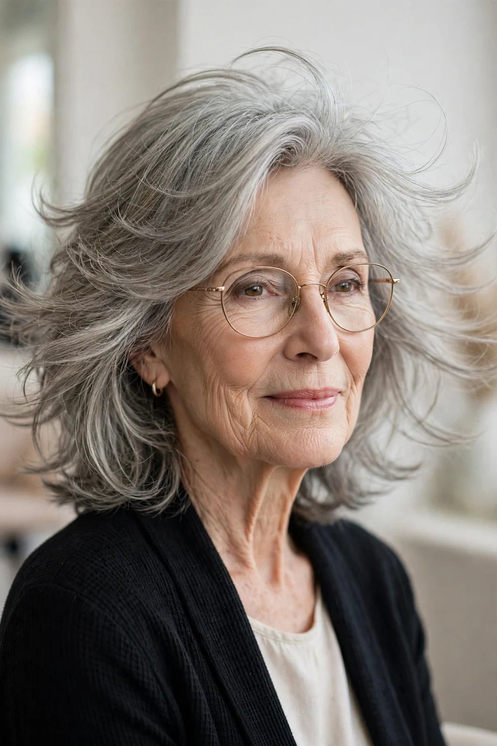 Elegant woman over 70 with glasses and feathered medium cut, delicate airy movement, gentle light.