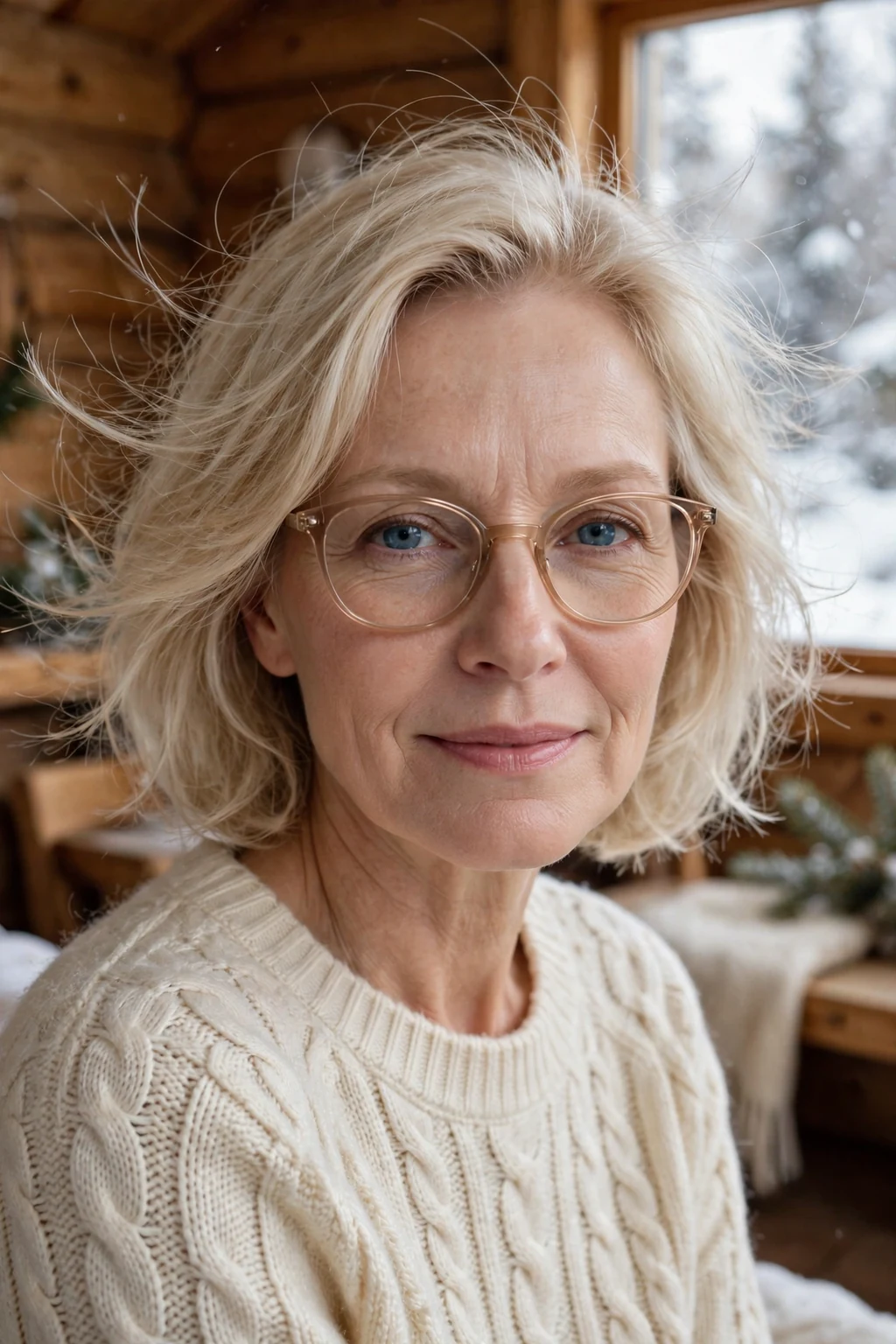 Elegant older woman over 50 with fine hair and glasses and feathered medium cut, delicate airy movement, gentle light.