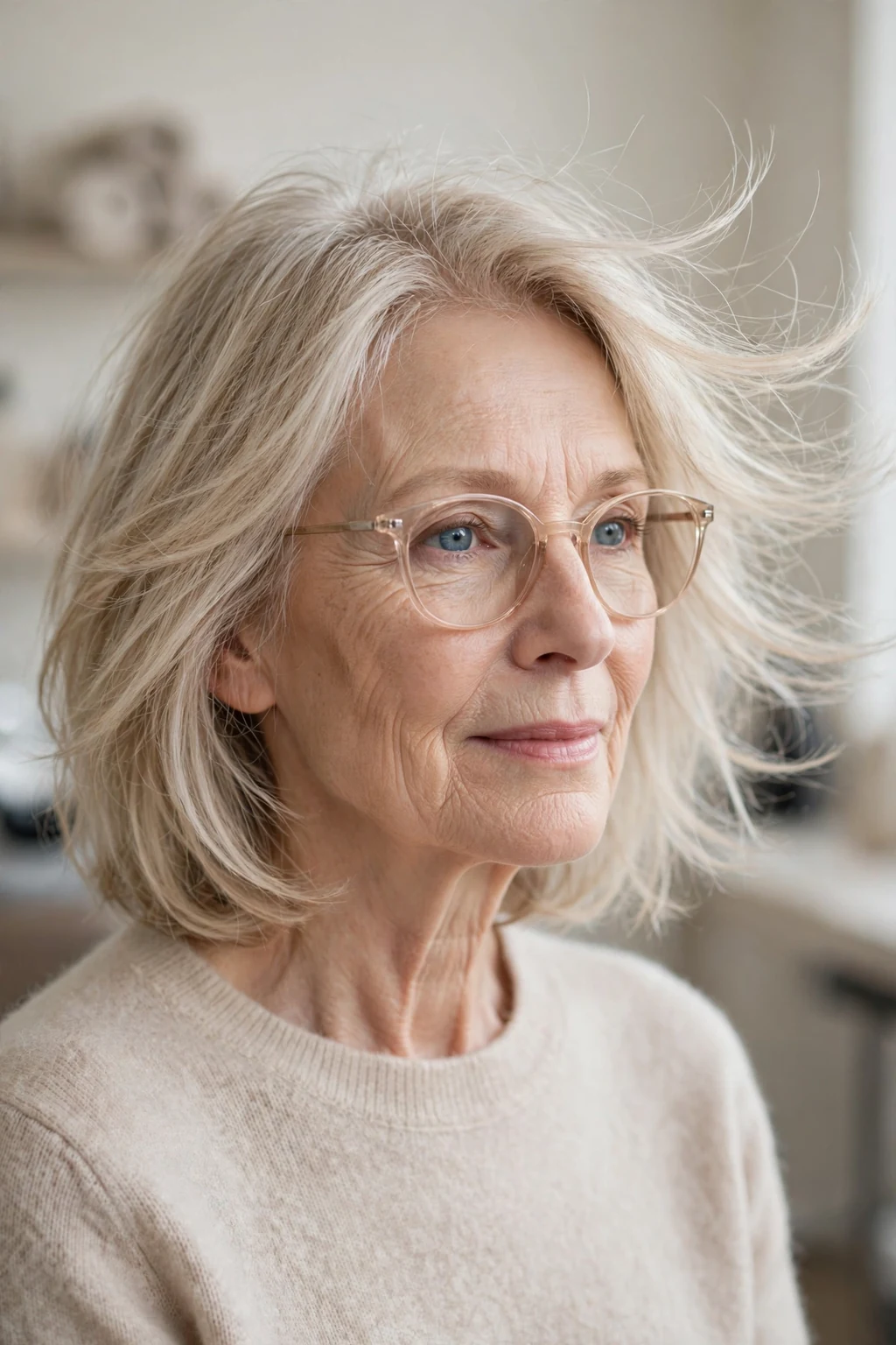 Elegant woman over 60 with fine hair and glasses and feathered medium cut, delicate airy movement, gentle light.
