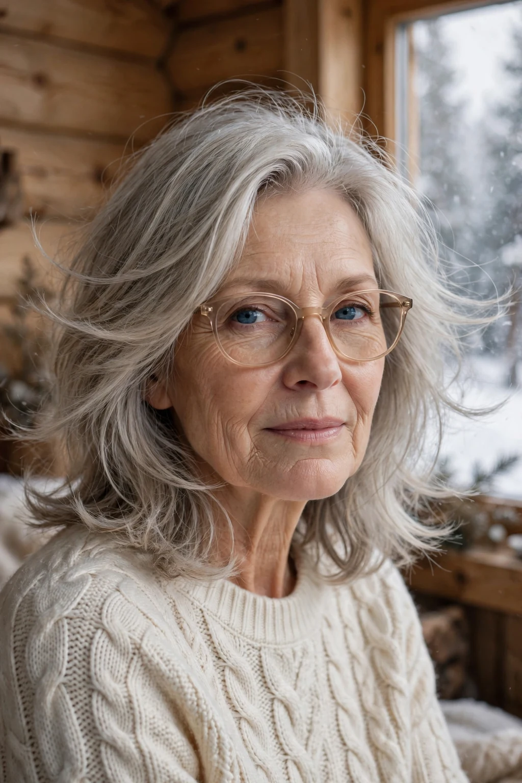 Elegant woman over 60 with fine hair and glasses and feathered medium cut, delicate airy movement, gentle light.