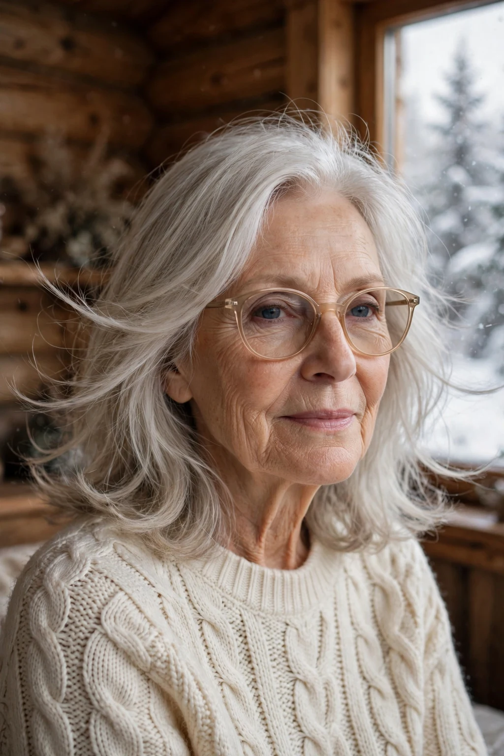Elegant older woman over 70 with fine hair and glasses and feathered medium cut, delicate airy movement, gentle light.