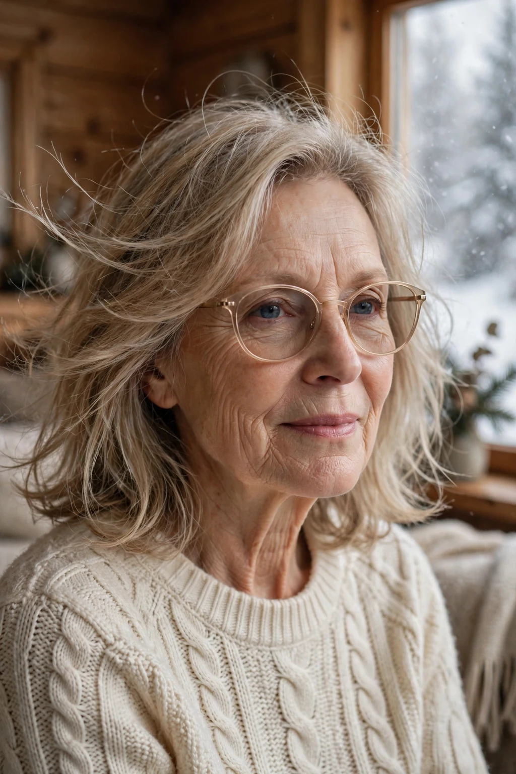 Elegant woman over 60 with fine hair and glasses and feathered medium cut, delicate airy movement, gentle light.