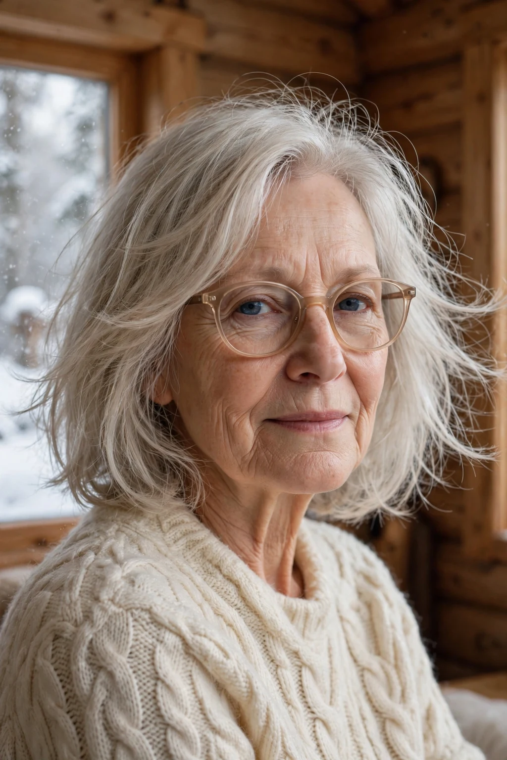 Elegant woman over 60 with fine hair and glasses and feathered medium cut, delicate airy movement, gentle light.