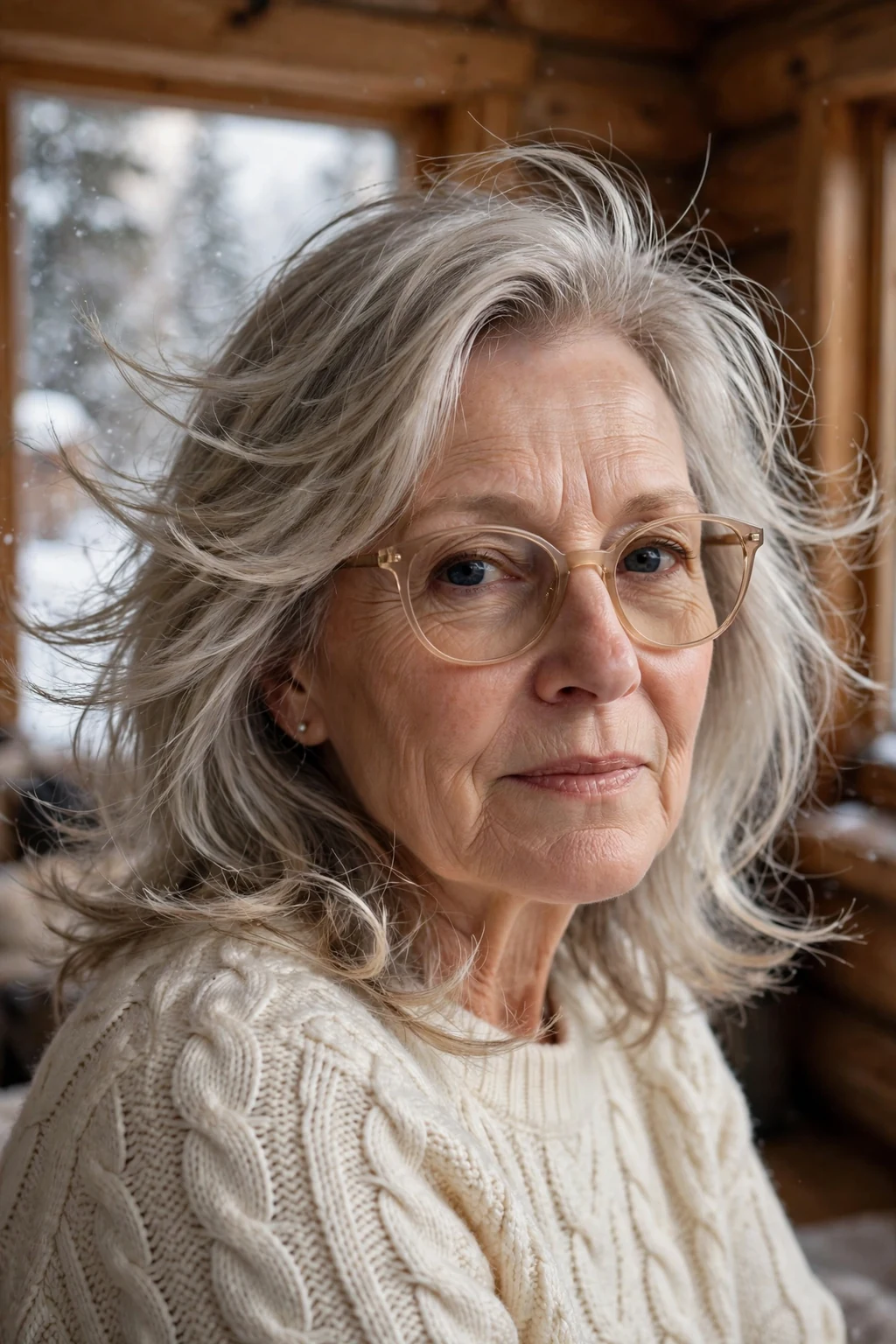 Elegant older woman with fine hair and glasses and feathered medium cut, delicate airy movement, gentle light.
