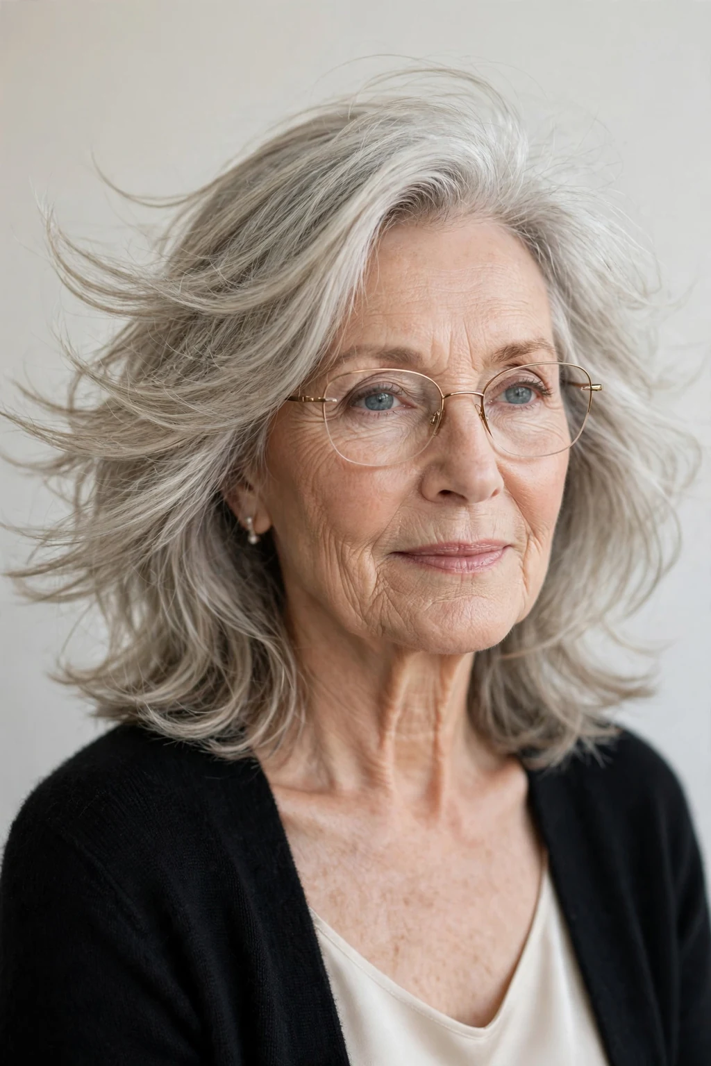 Elegant older woman with glasses and feathered medium cut, delicate airy movement, gentle light.