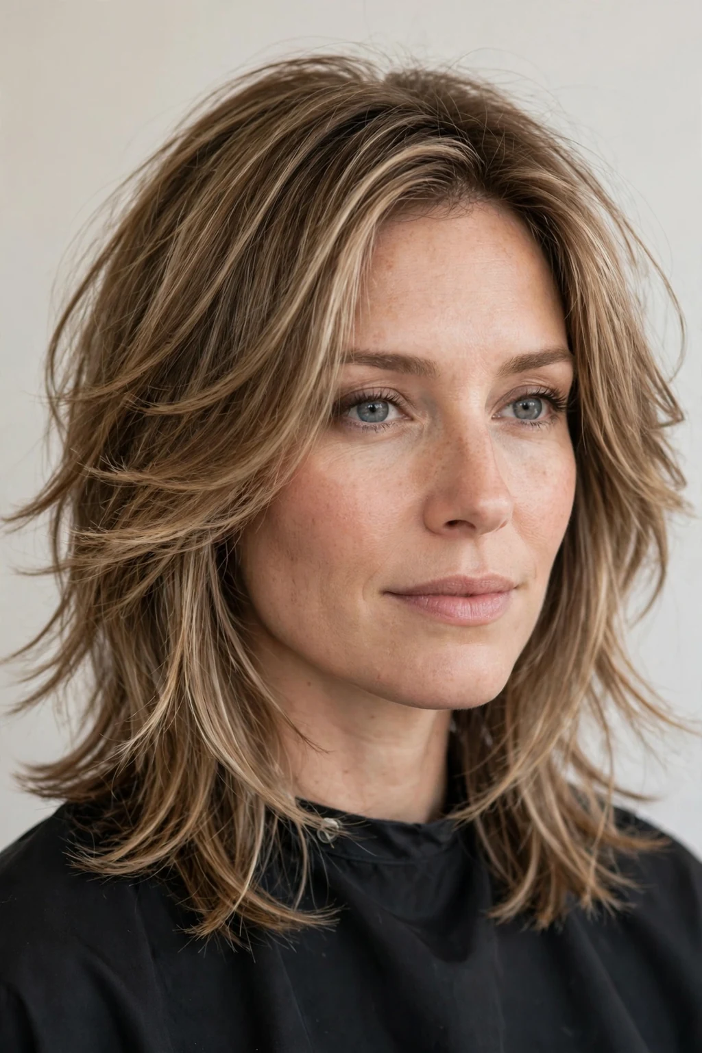 Woman with feathered medium cut, soft airy flicked layers, delicate light.