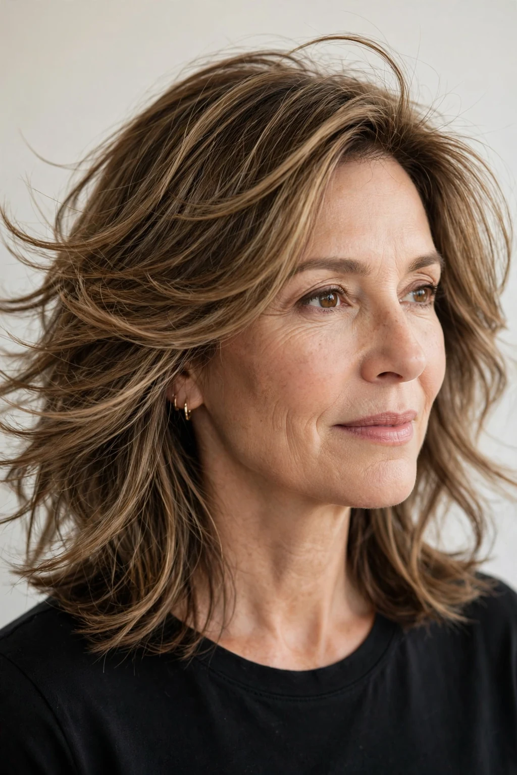 Woman over 40 with feathered medium layers, soft airy movement, delicate light.