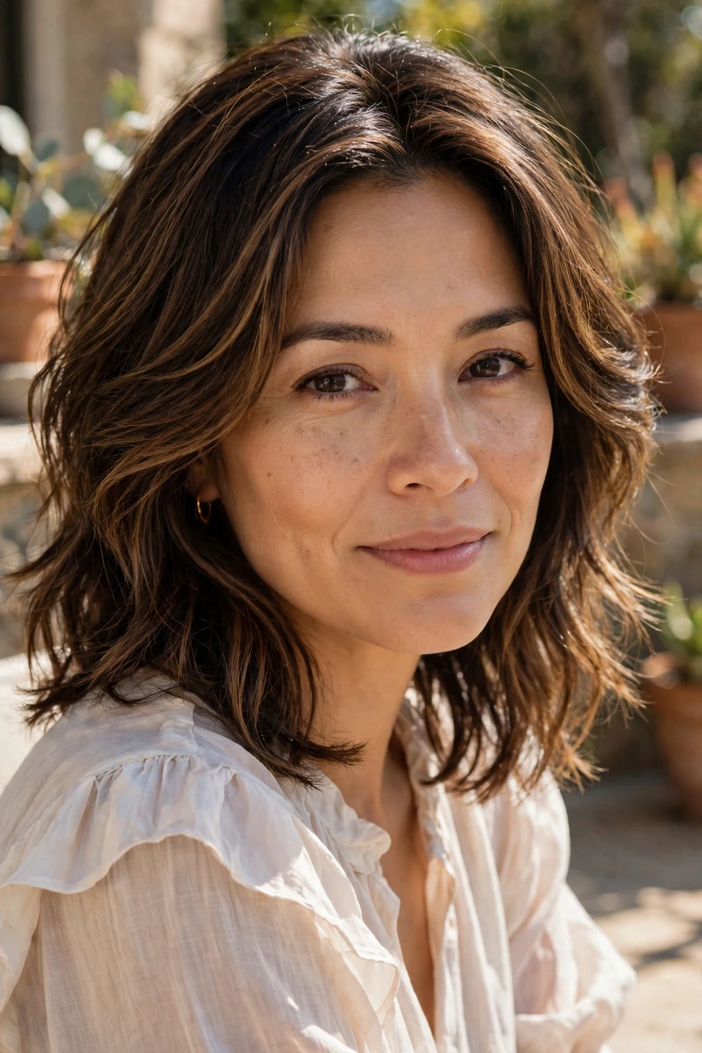 Beautiful woman with feathered medium layers, soft feathered layers, gentle light.