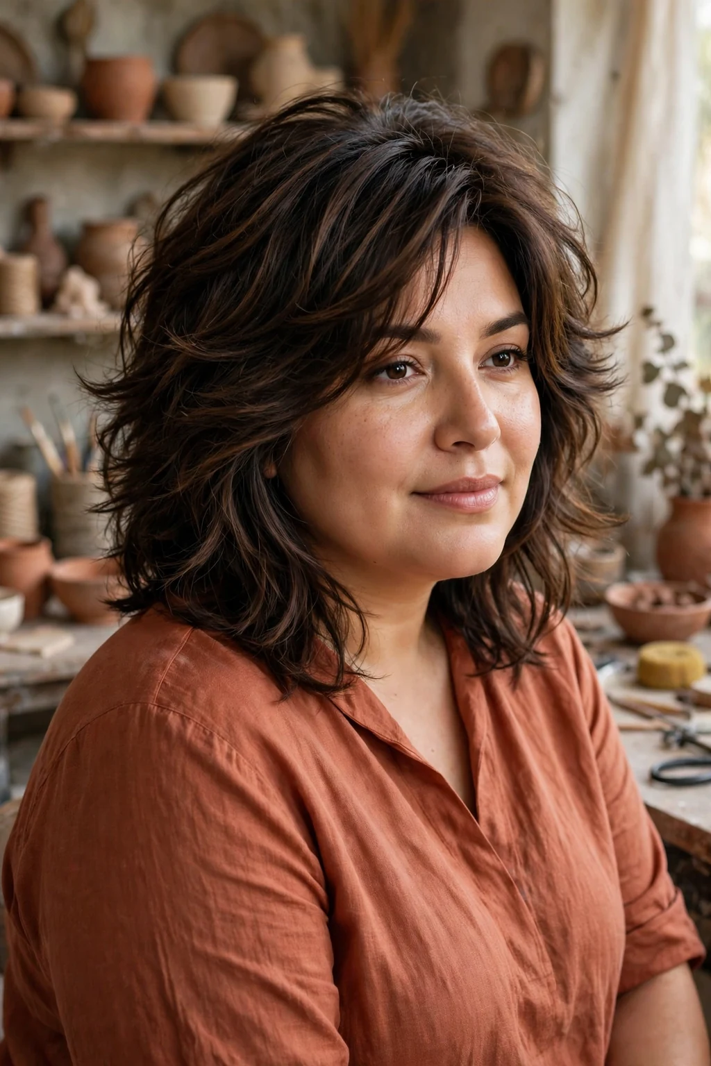 Plus-size Middle Eastern woman in her thirties with feathered mid-length layers, wearing a terracotta tunic in a pottery studio.