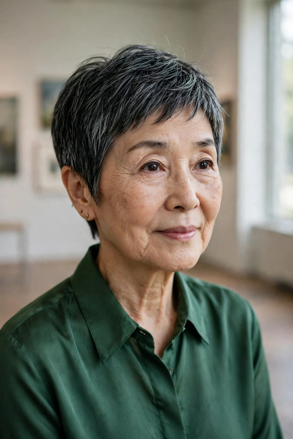 Mature woman with a feathered pixie short haircut for fine hair, styled with soft volume.