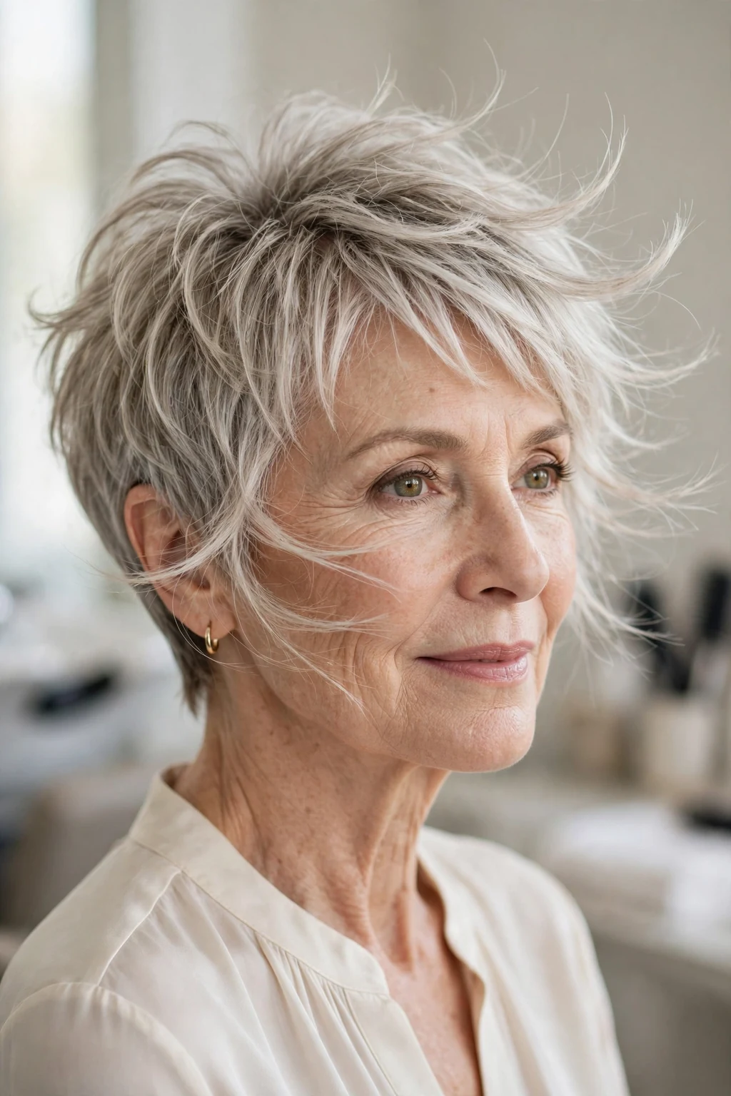 Elegant woman over 50 with feathered pixie, delicate airy movement, gentle light.