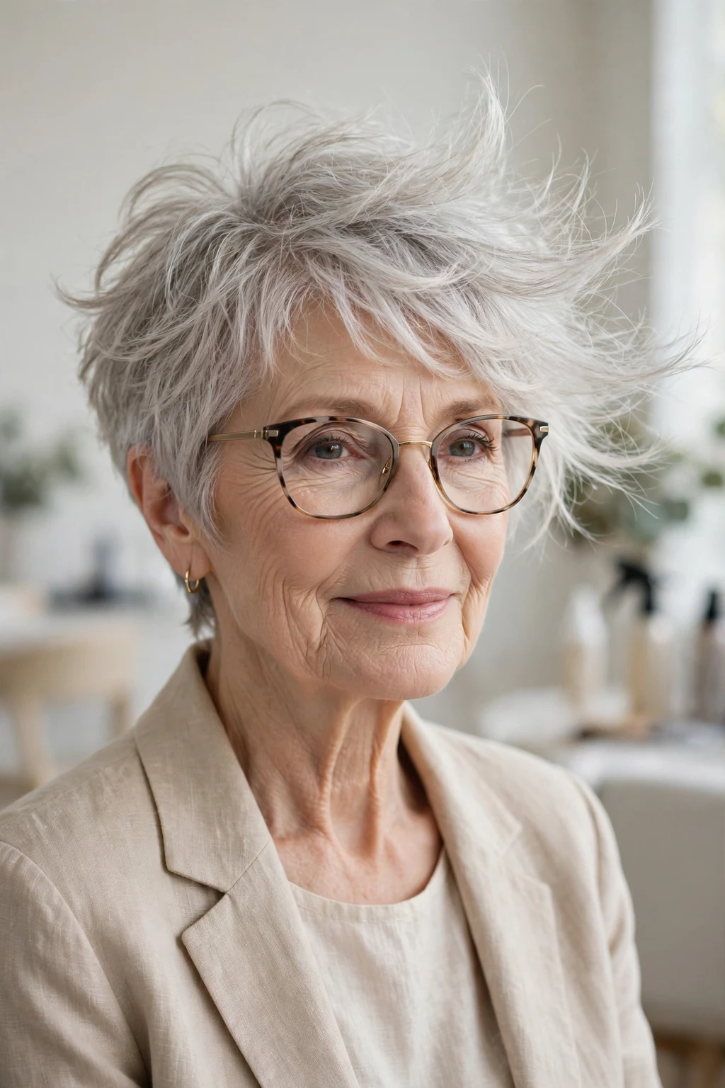 Elegant woman over 60 with glasses and feathered pixie, delicate airy movement, gentle light.
