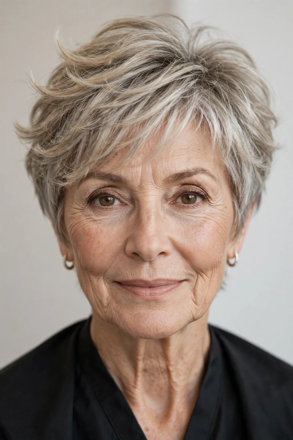 Elegant woman over 60 with feathered pixie, soft airy flicked layers, delicate light.