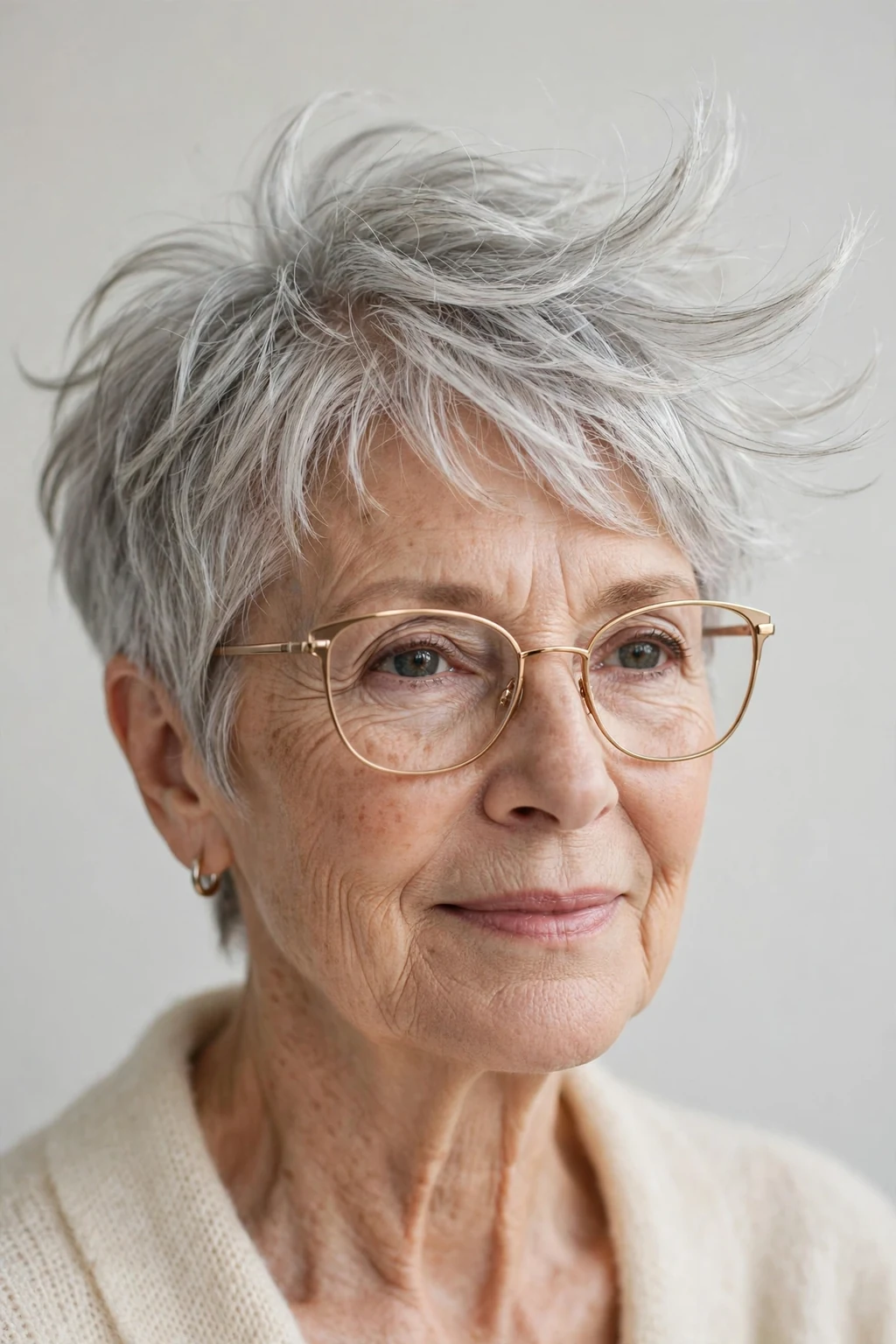 Elegant woman over 70 with glasses and feathered pixie, delicate airy movement, gentle light.