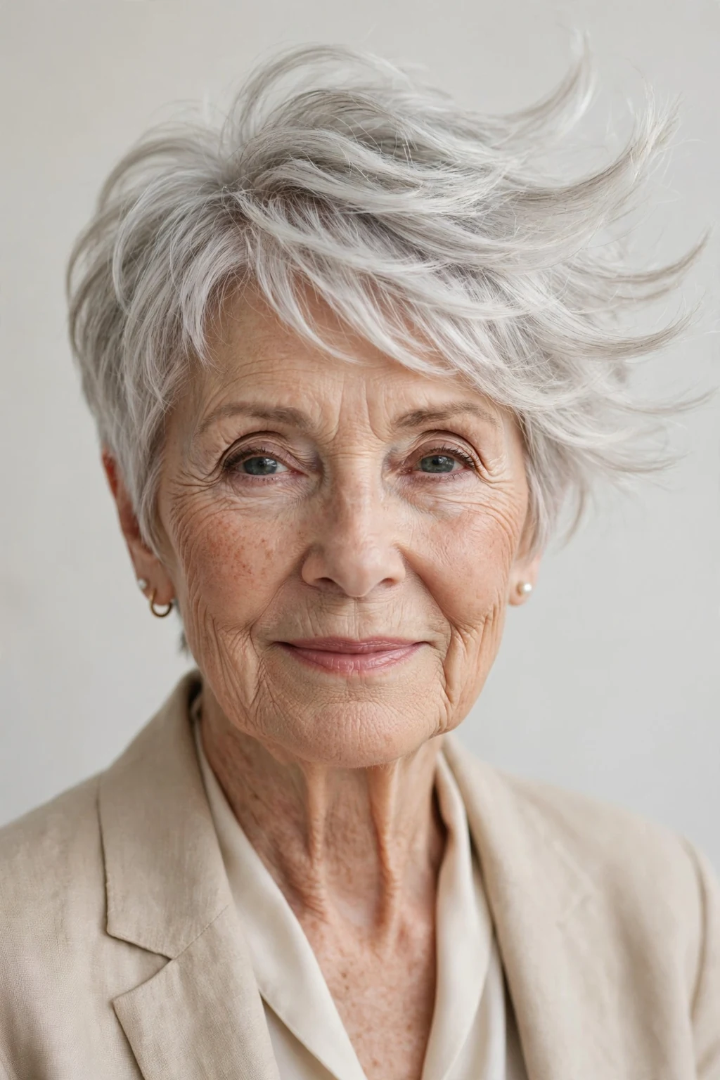 Elegant woman over 70 with feathered pixie, delicate airy movement, gentle light.