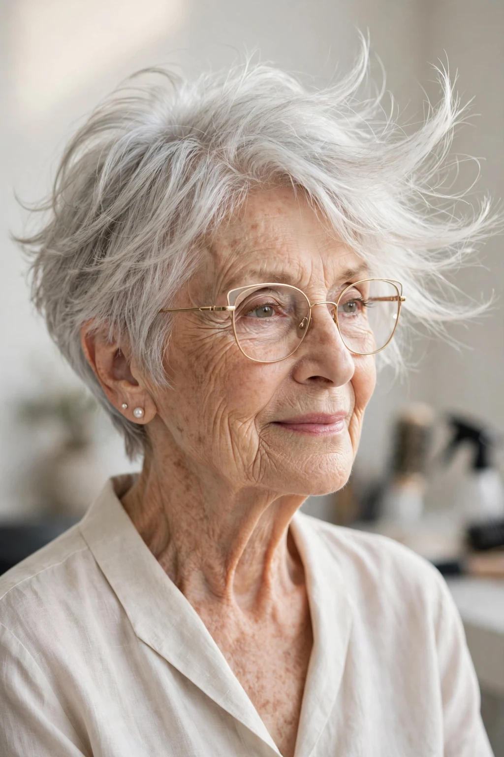 Elegant woman over 80 with glasses and feathered pixie, delicate airy movement, gentle light.