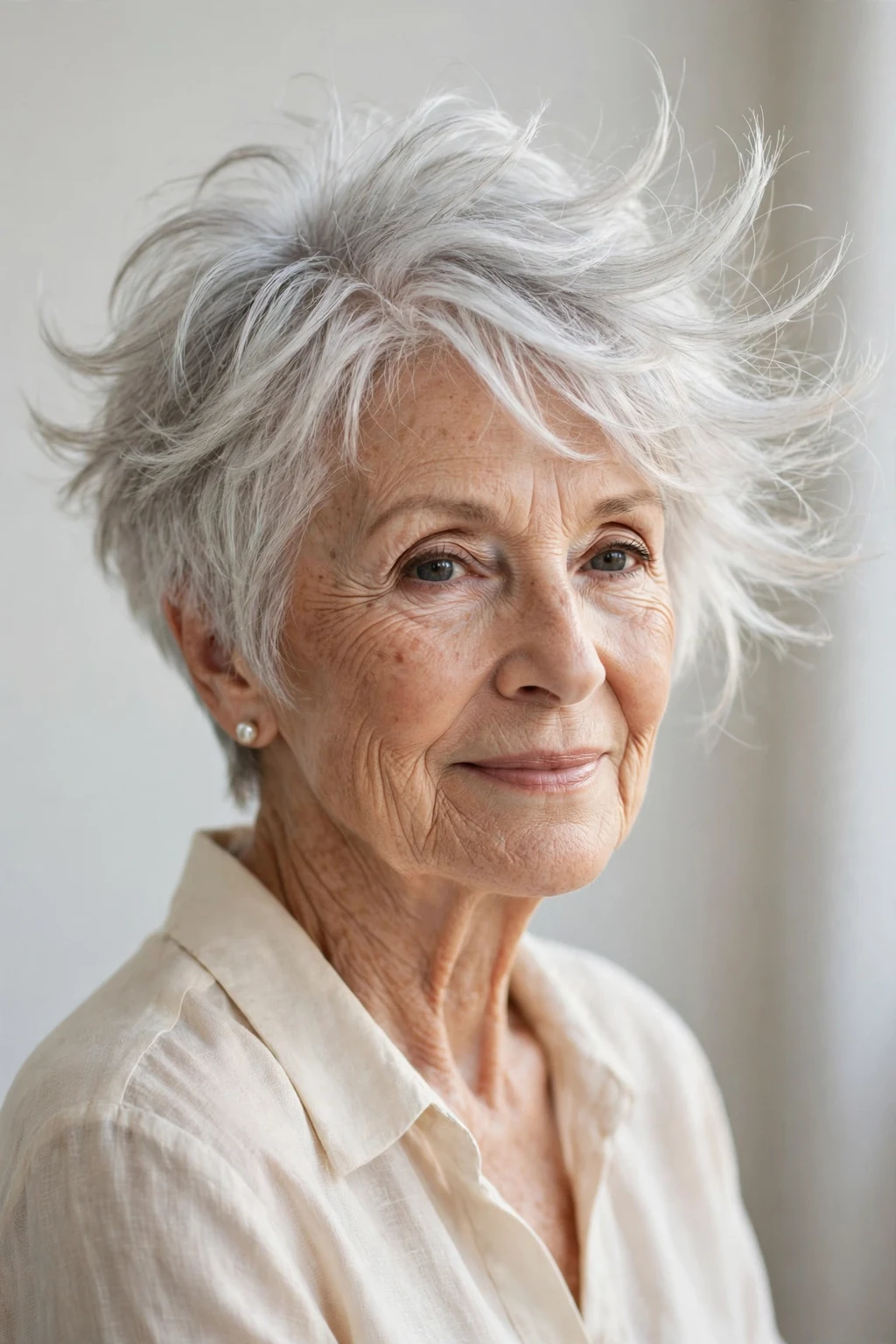 Elegant woman over 80 with feathered pixie, delicate airy movement, gentle light.