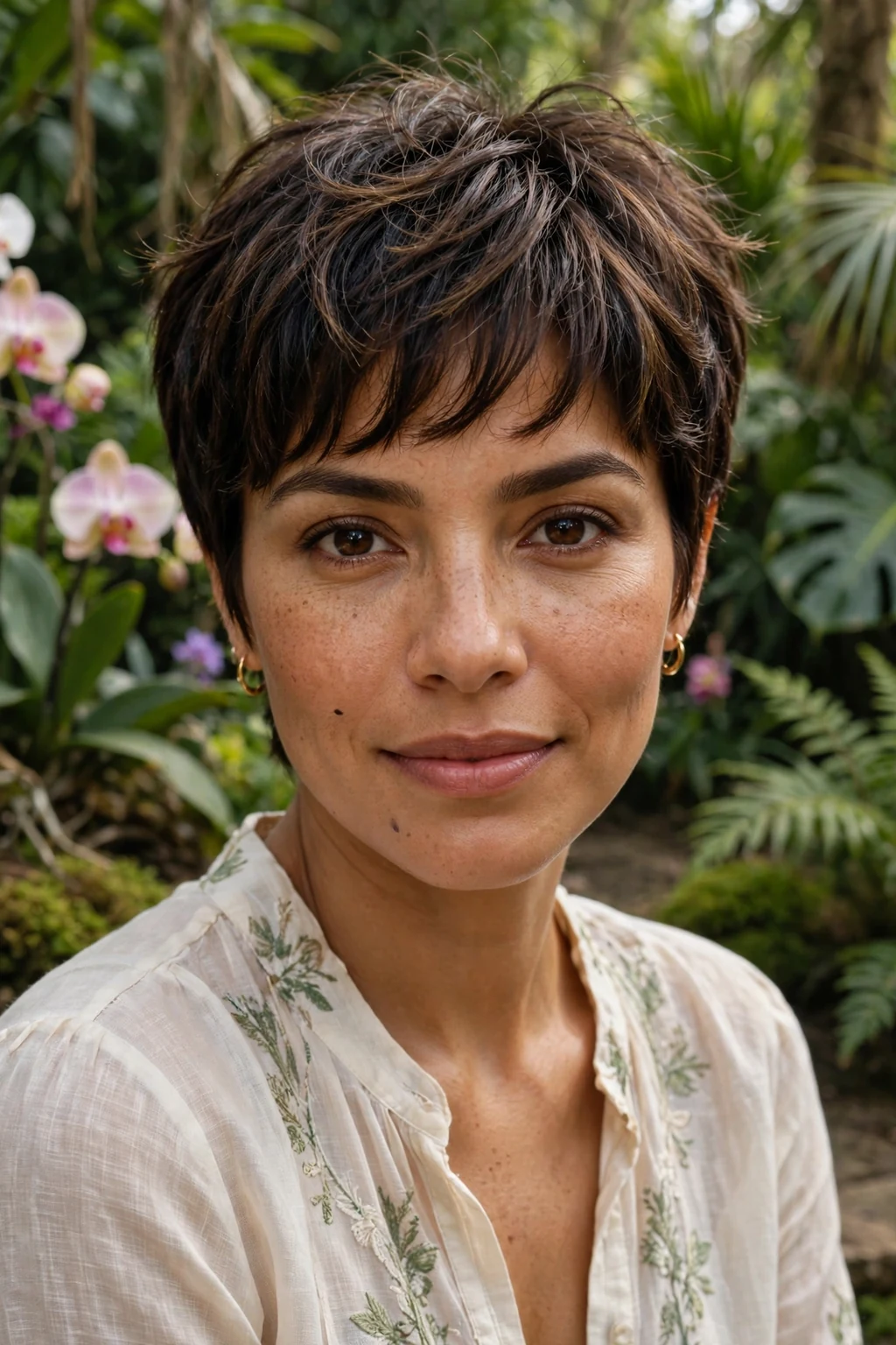 Beautiful woman with feathered pixie bangs, light feathered pixie bangs, airy light.