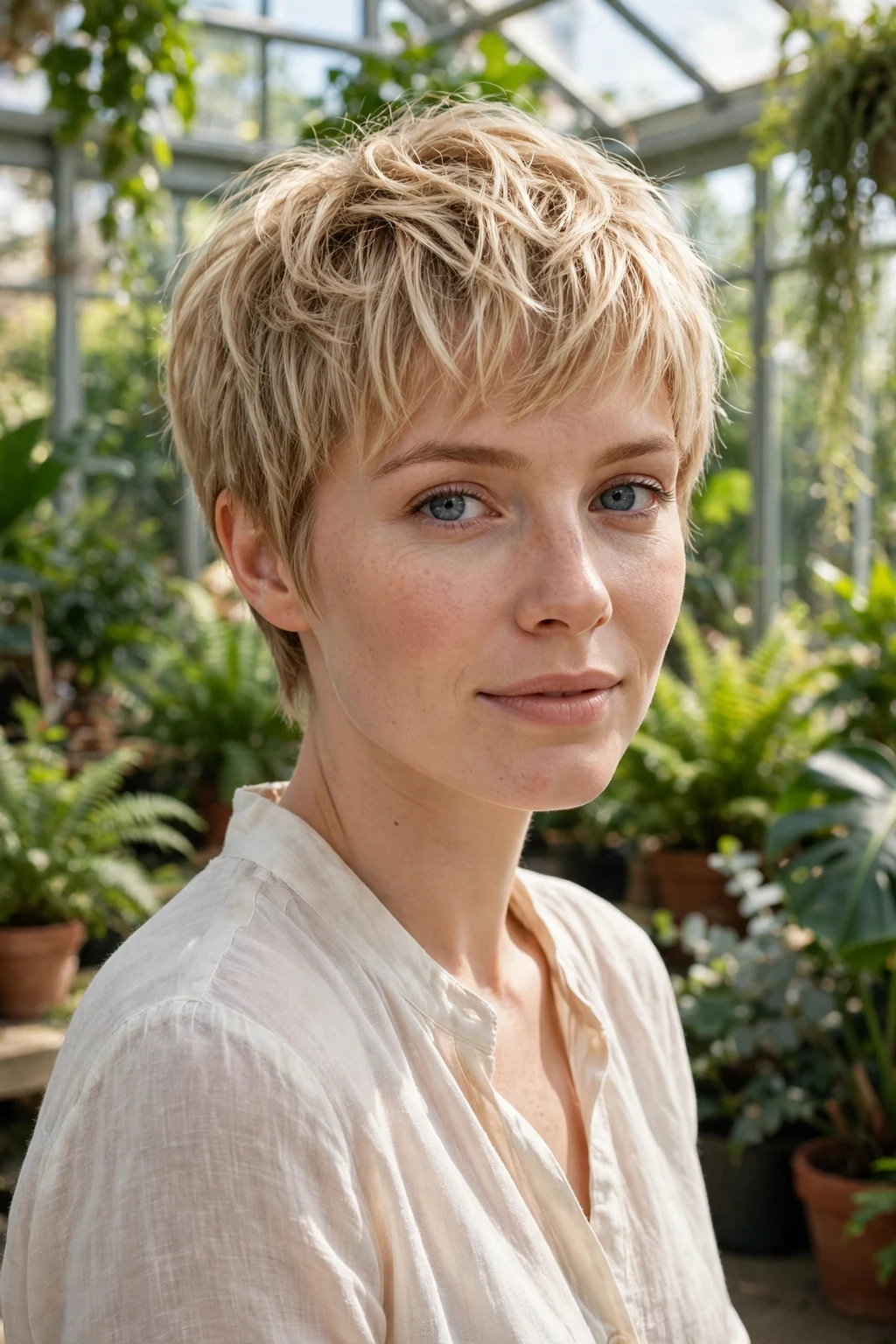 Beautiful woman with feathered pixie bangs, light feathered pixie bangs, airy light.