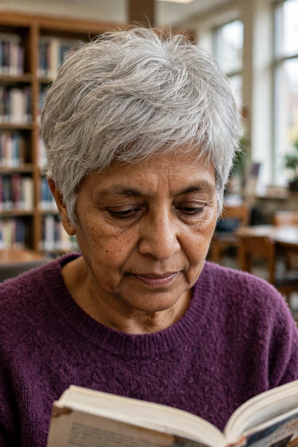 An older woman with a feathered pixie cut, wearing a plum sweater in a library.