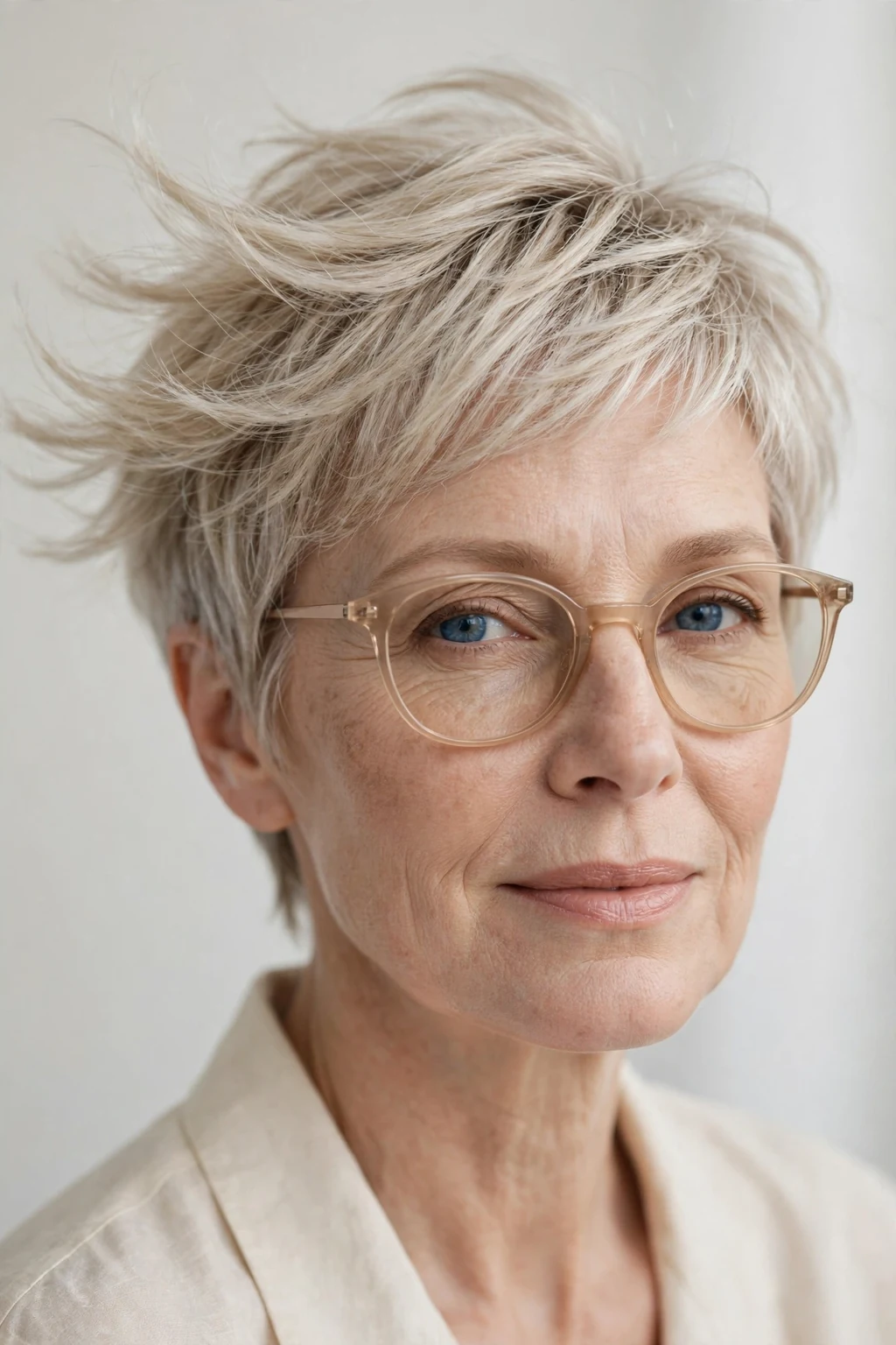 Elegant woman over 50 with fine hair and glasses and feathered pixie, delicate airy movement, gentle light.