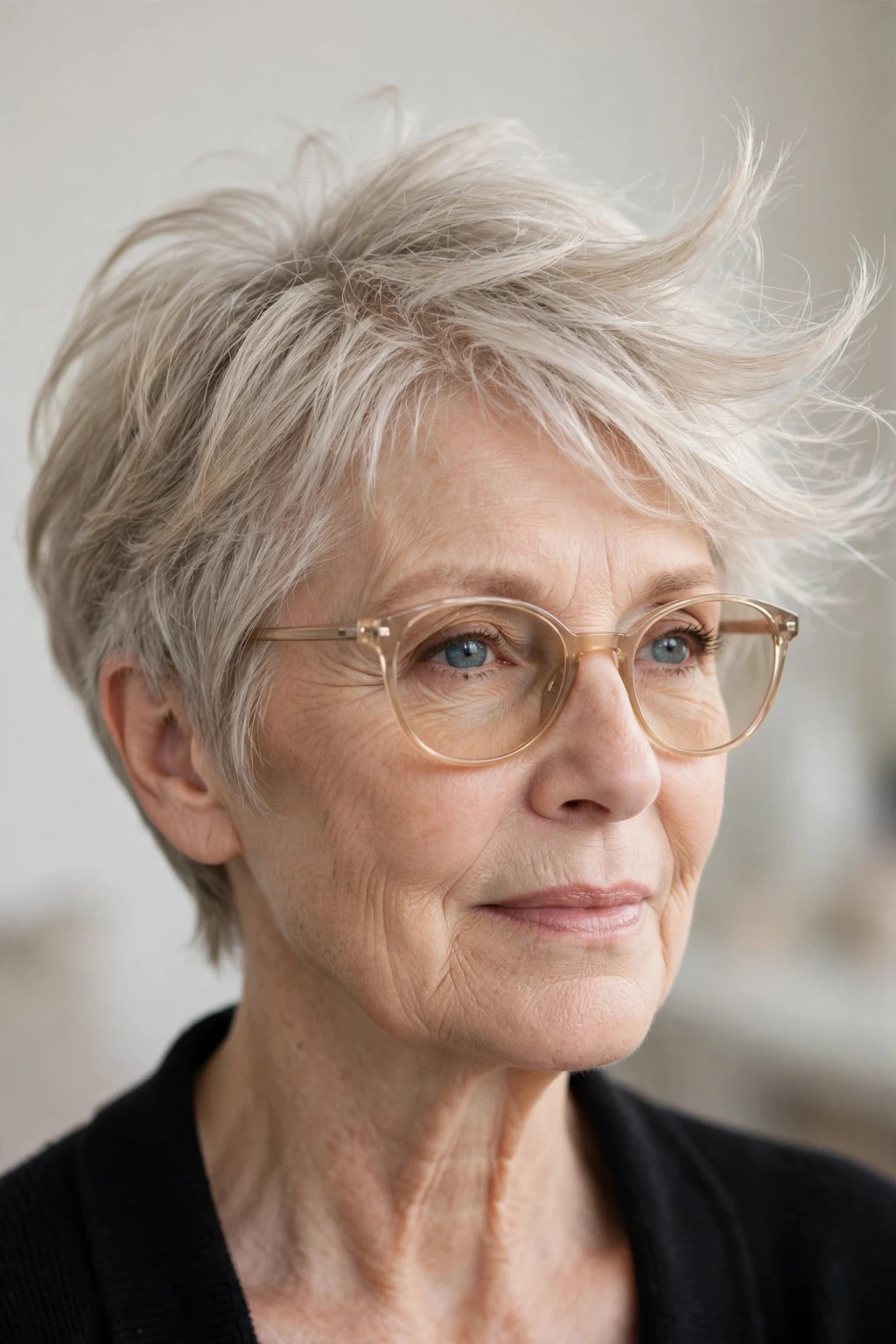 Elegant older woman with fine hair and glasses and feathered pixie, delicate airy movement, gentle light.