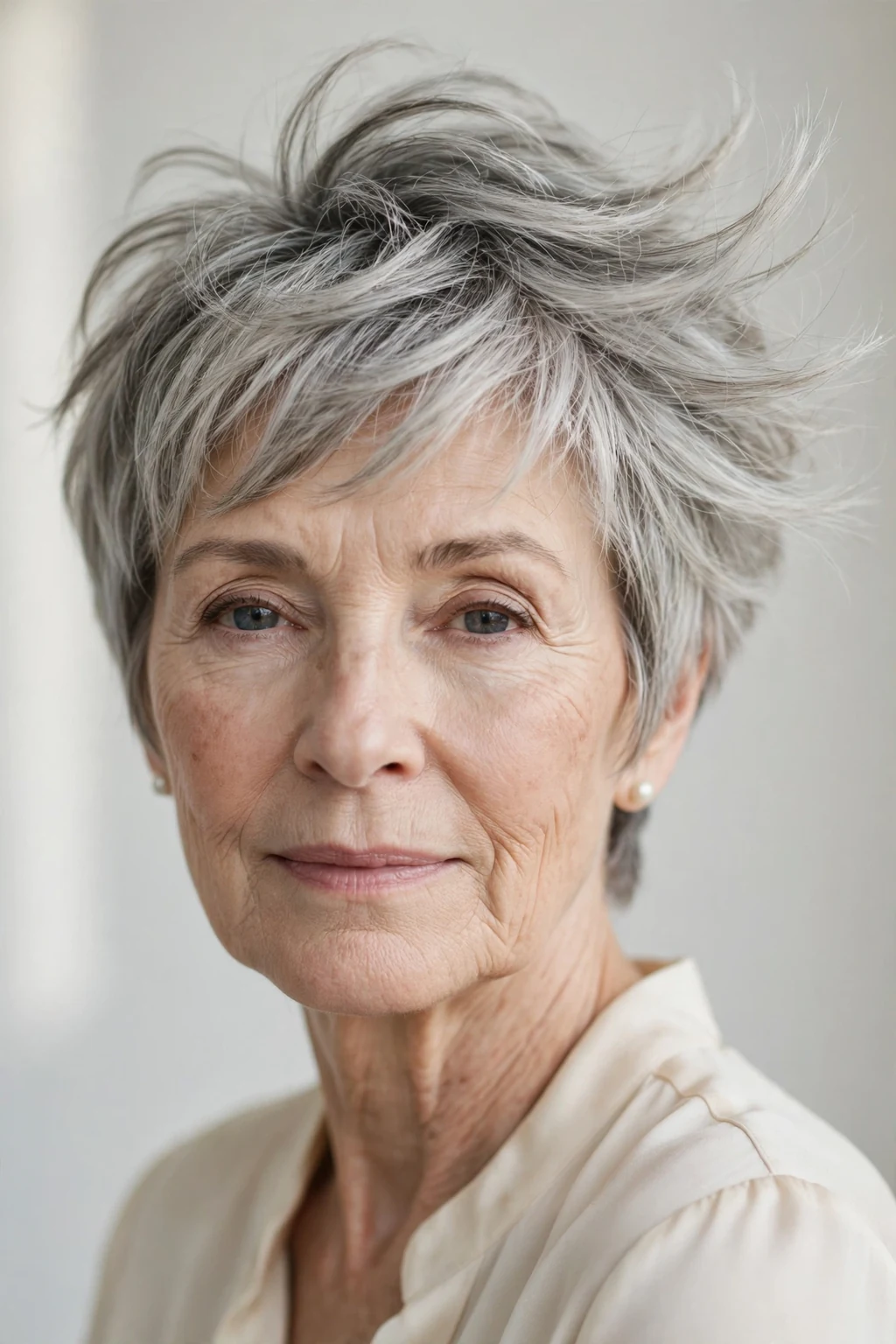 Elegant older woman with feathered pixie, delicate airy movement, gentle light.