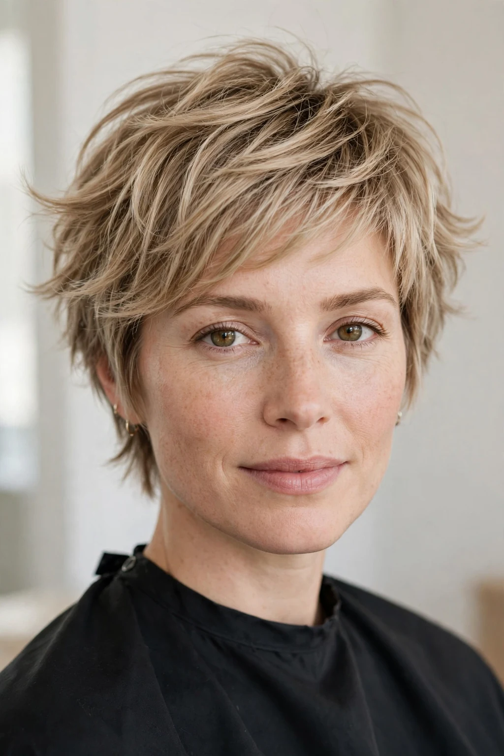 Woman with feathered pixie, soft airy layers, delicate natural light.