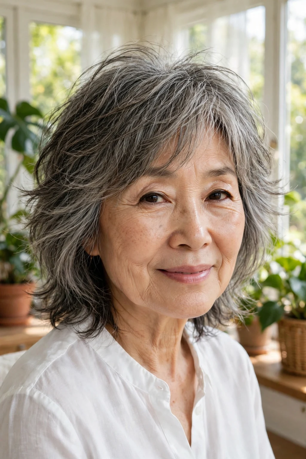 Beautiful woman over 60 with feathered shag, light feathered shag, airy light.
