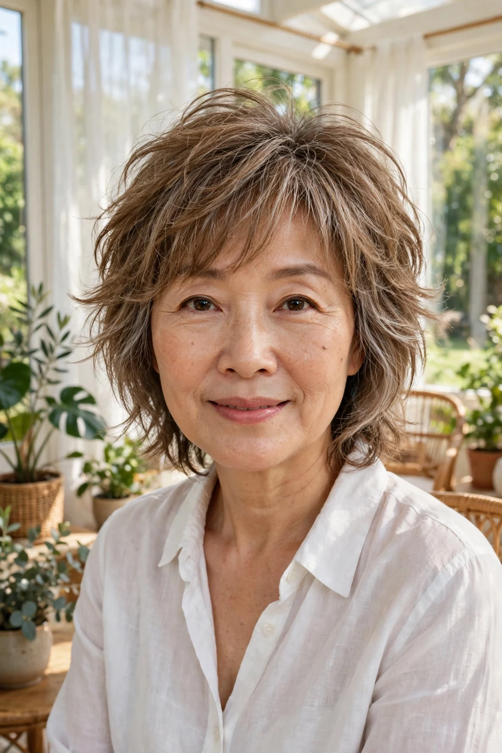 Beautiful woman over 50 with feathered shag, light feathered shag, airy light.