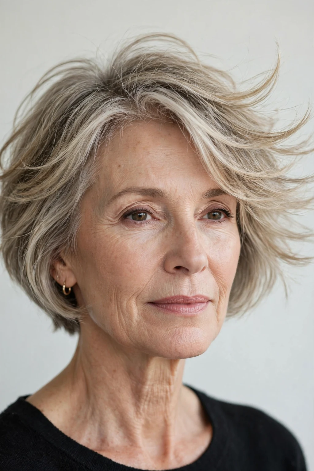 Elegant woman over 50 with feathered short bob, delicate airy movement, gentle light.