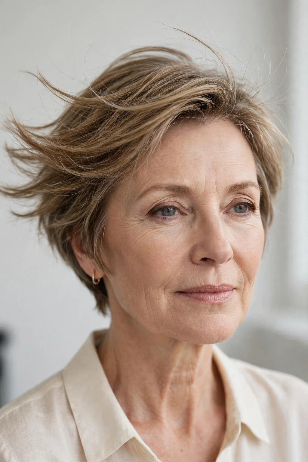 Elegant woman over 50 with feathered short cut, delicate airy movement, gentle light.