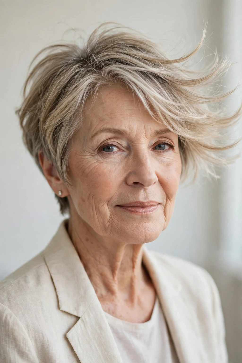 Elegant woman over 60 with feathered short cut, delicate airy movement, gentle light.